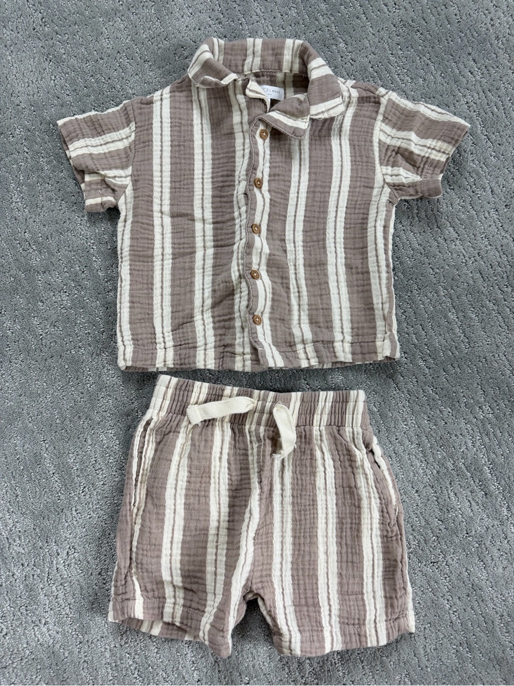 Kids Short Sleeve Striped Pajama Set in Taupe & Cream
